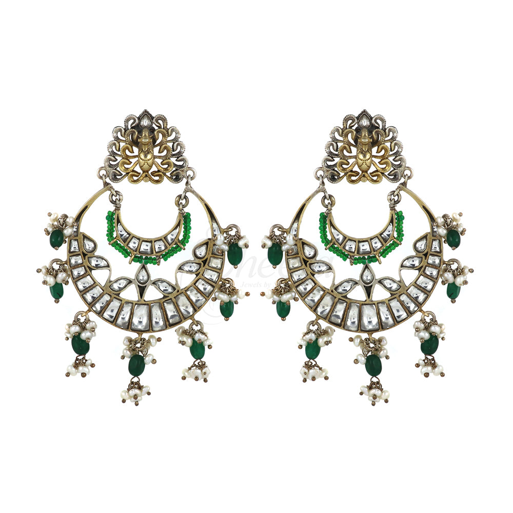 White Kundan Chandbaali with Green Beads image 0
